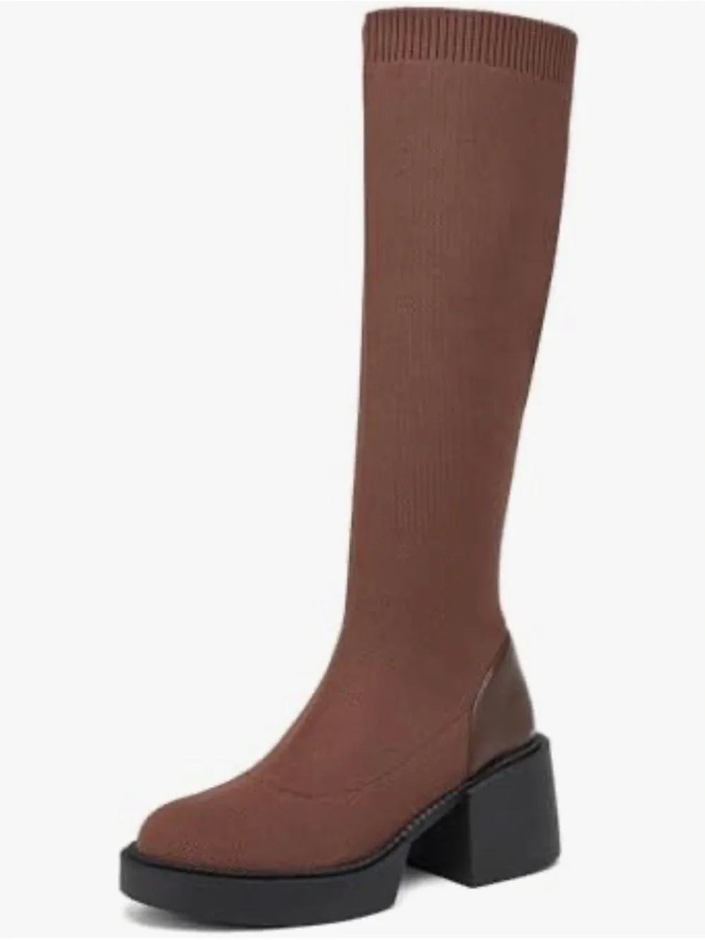 NWT Brown Knee-High Sock Boot with Block Heel 10‎
